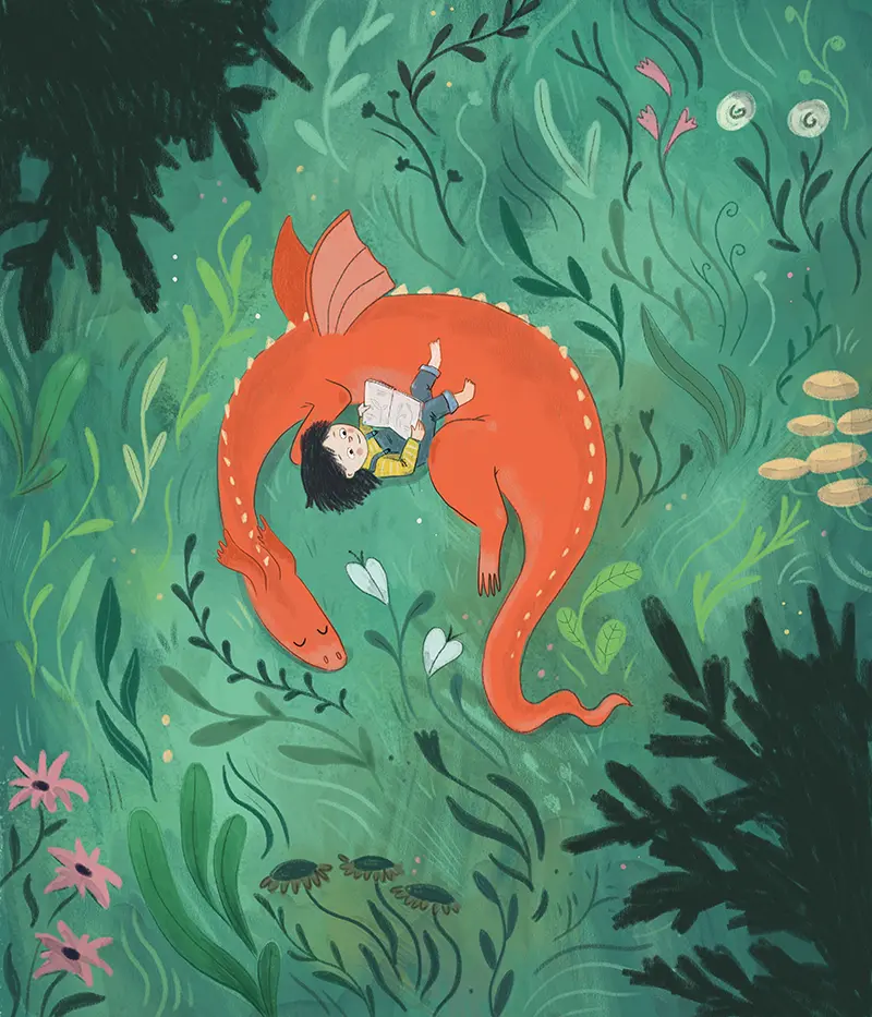 Red baby dragon and a girl that read a book